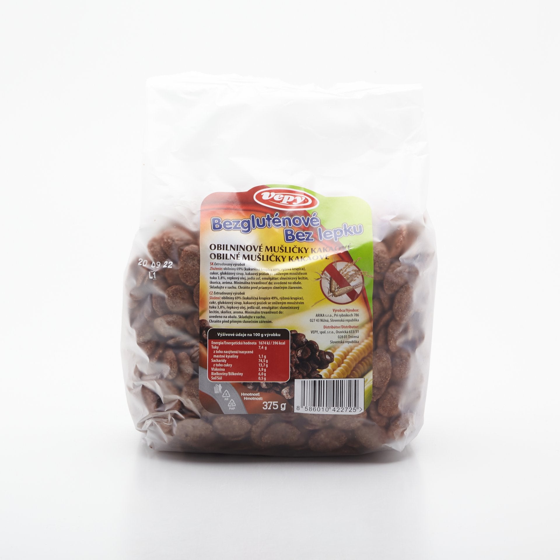 Cereálie kakaové mušle bezlepkové 375g.